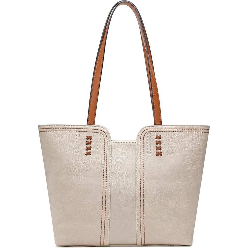 〽️Women's Ivory Beige Leather Classic Top Handle Zipper Pockets Casual Tote Bag